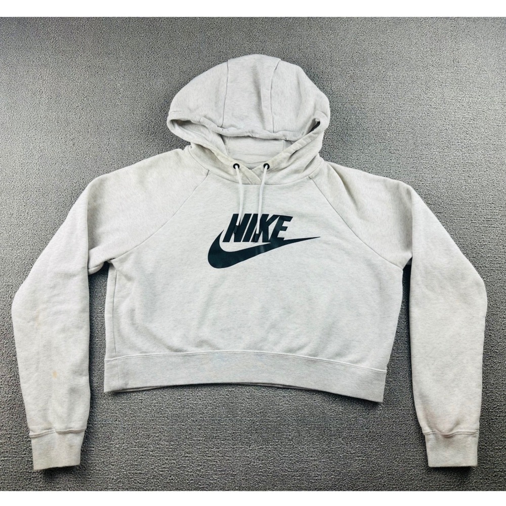 Nike Hoodie Women M Gray Cropped Boxy Print Hooded Pullover Cuffed Training‎